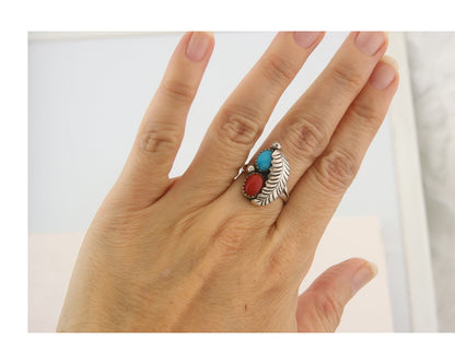 Navajo Ring 925 Sterling Natural Coral & Turquoise Signed BB C.80's Size 6.5