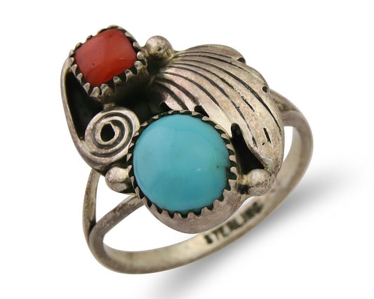 Navajo Ring 925 Silver Turquoise & Coral Artist Signed WR C.80's