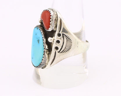 Navajo Ring 925 Silver Sleeping Beauty Turquoise & Coral Native Artist C.80s