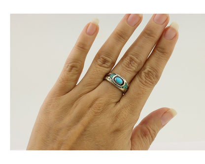 Navajo Ring 925 Silver Turquoise & Coral Natural American Artist C.80's