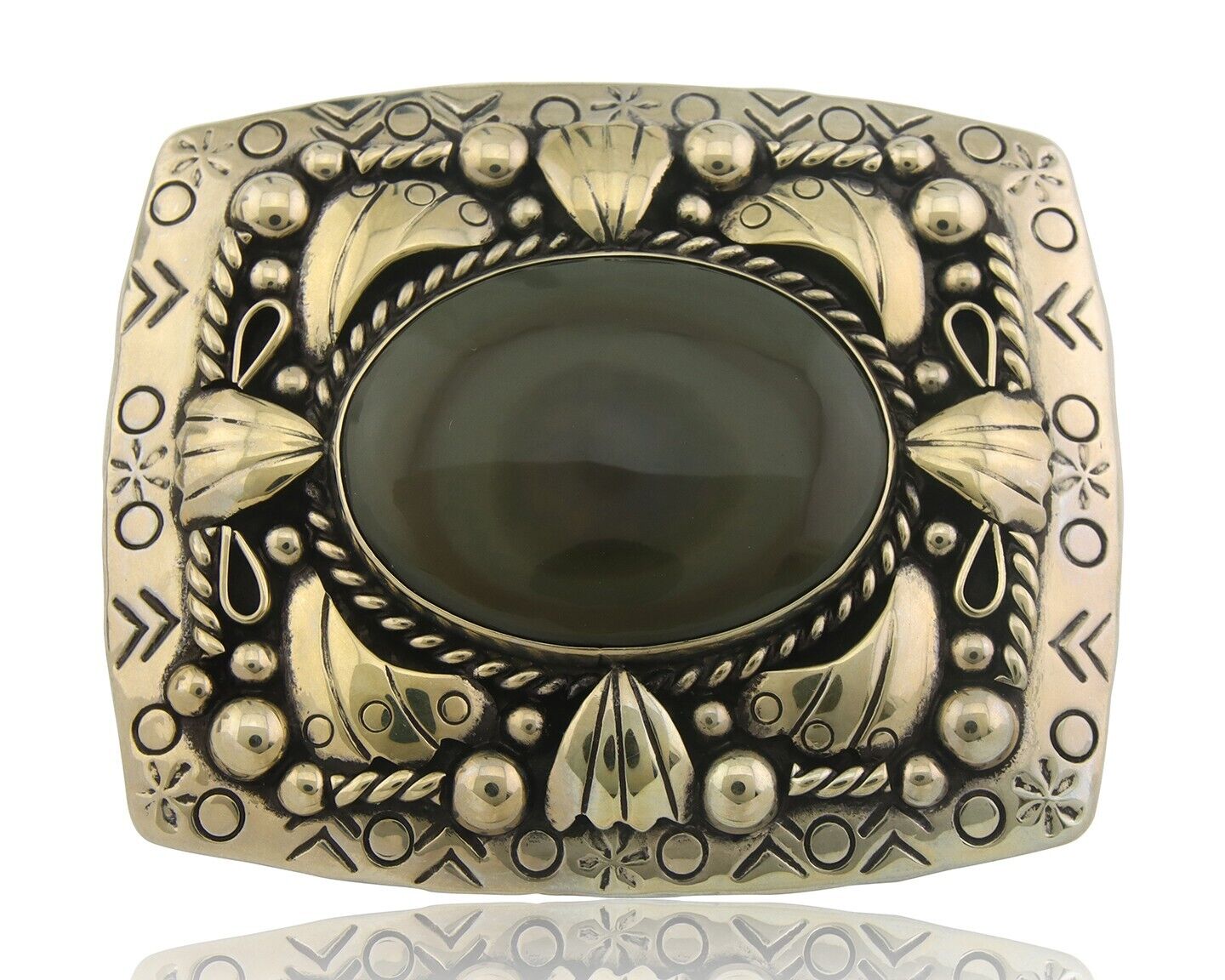 Navajo Belt Buckle .999 Nickel Agate Native Artist Handmade 2.5 x 3.0 in C.80s