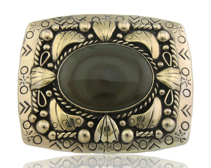 Navajo Belt Buckle .999 Nickel Agate Native Artist Handmade 2.5 x 3.0 in C.80s