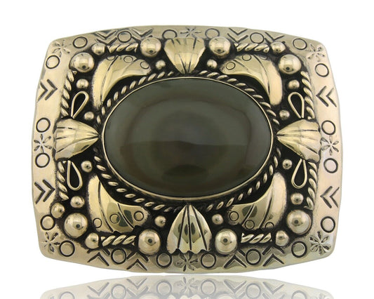 Navajo Belt Buckle .999 Nickel Agate Native Artist Handmade 2.5 x 3.0 in C.80s