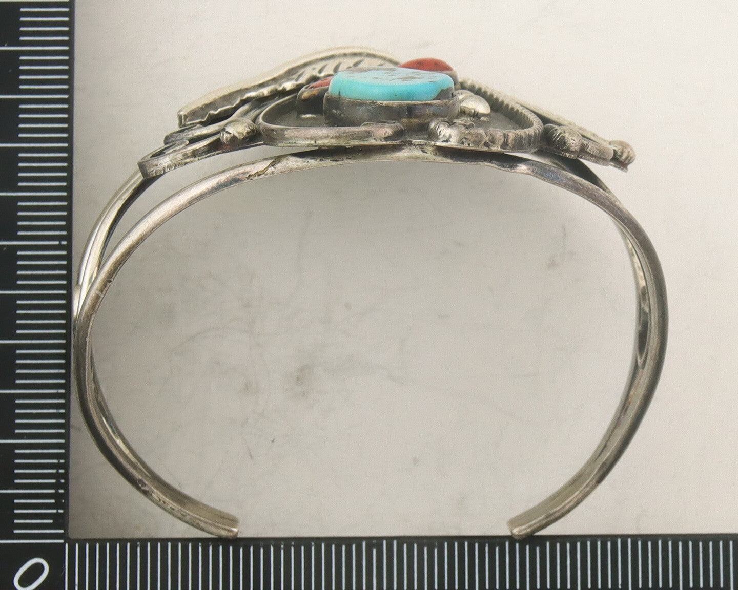 Navajo Bracelet 925 Silver Inlaid Coral & Turquoise Cuff Artist Signed CJ C.80's