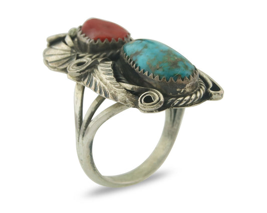 Navajo Ring 925 Sterling Natural Coral & Turquoise Signed JM C.80's Size 9.0