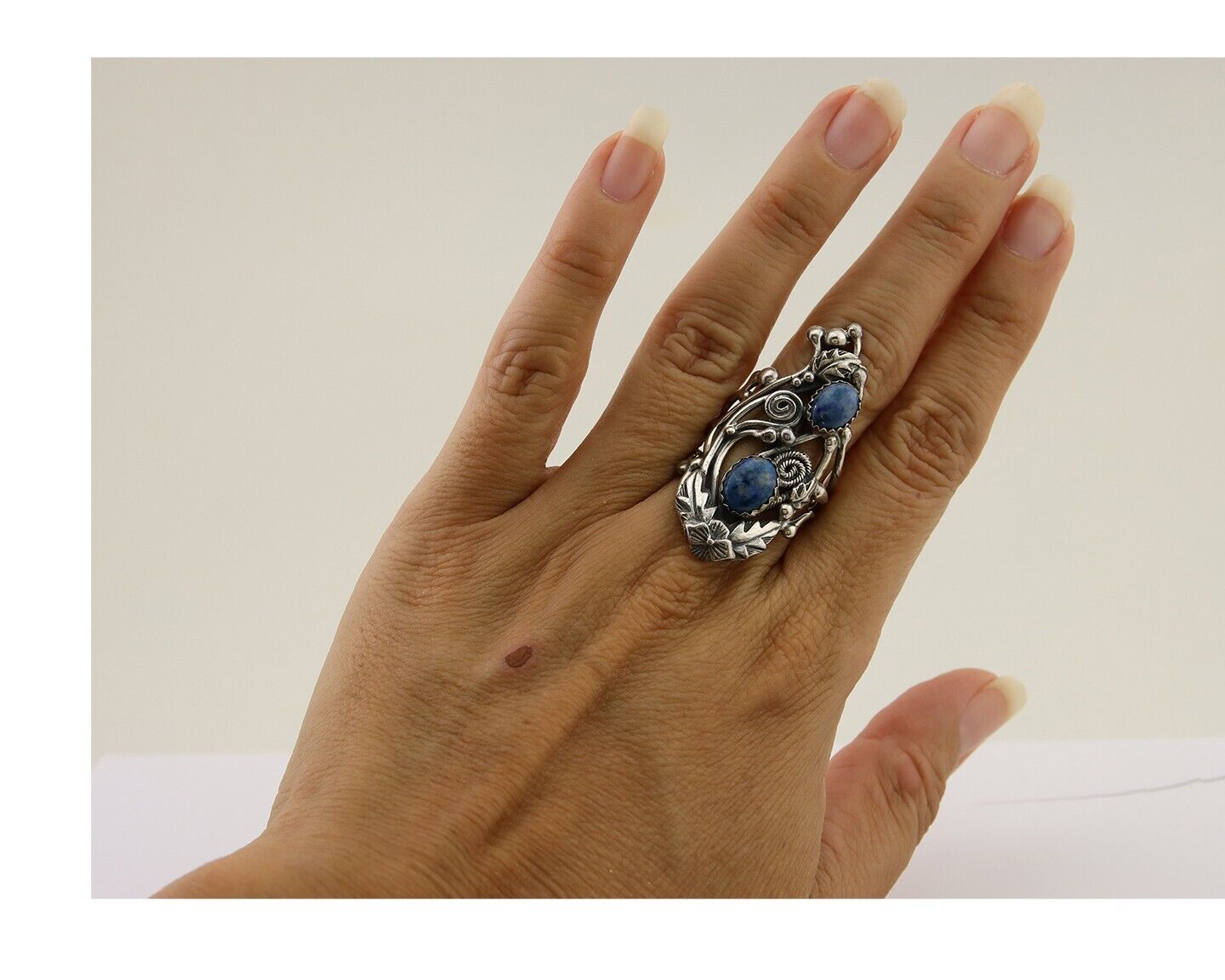 Navajo Ring 925 Silver Natural Denim Lapis Artist Signed Prairie Fire C.80's