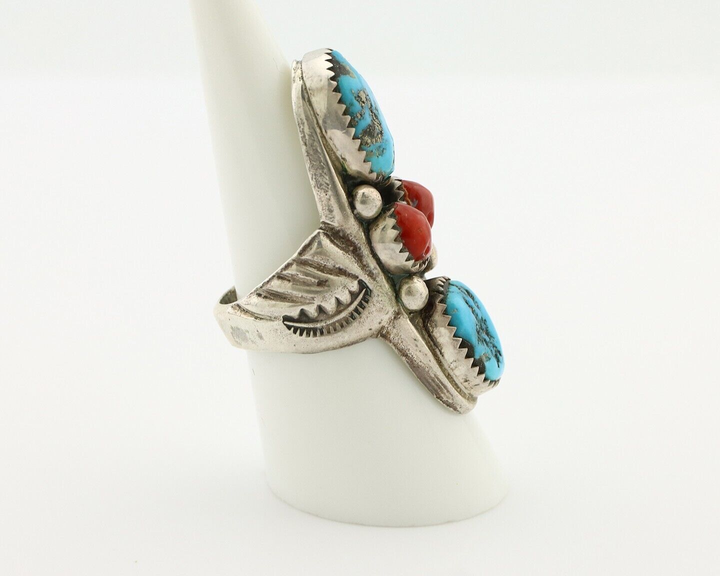 Navajo Ring 925 Silver Blue Turquiose & Coral Artist Signed Large R C.80's