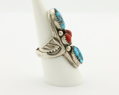 Navajo Ring 925 Silver Blue Turquiose & Coral Artist Signed Large R C.80's