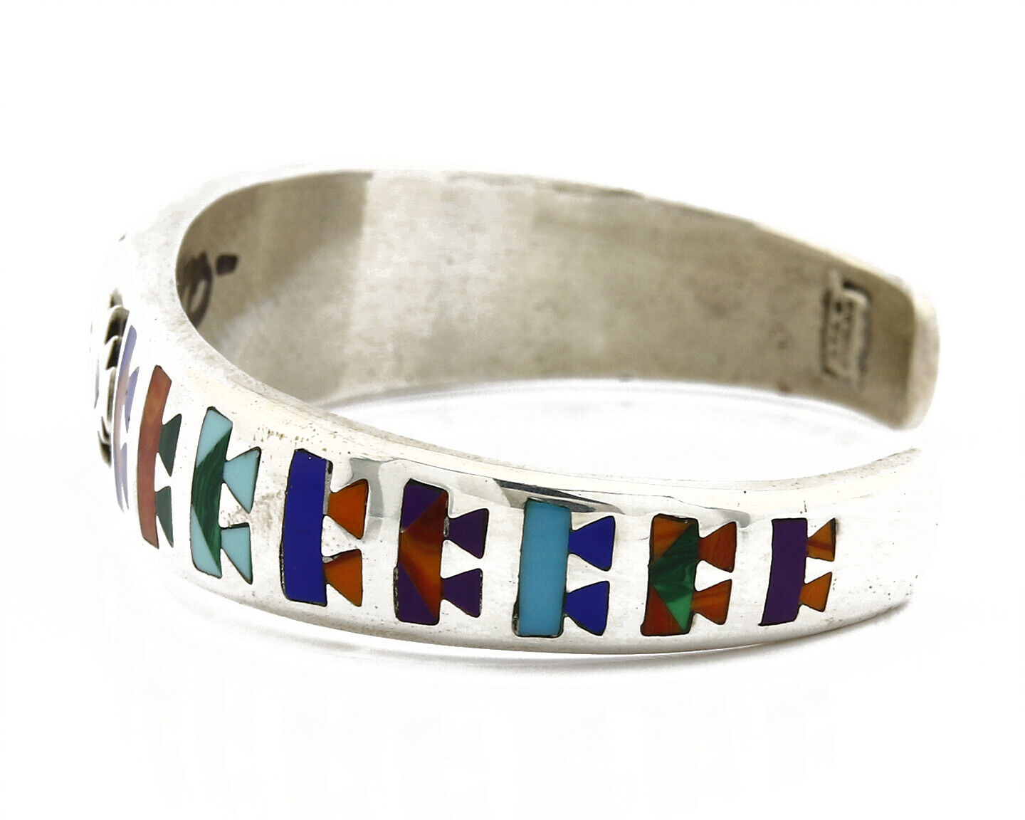 Navajo Cuff Bracelet.925 Silver Signed STC Inlay Natural Gemstones C. 1980's