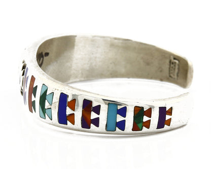 Navajo Cuff Bracelet.925 Silver Signed STC Inlay Natural Gemstones C. 1980's