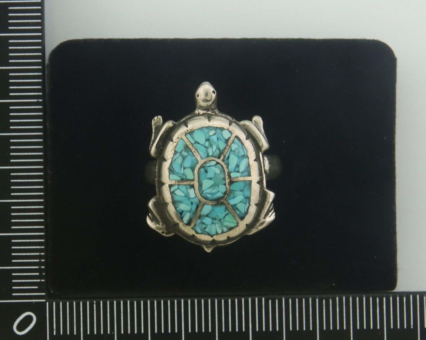 Navajo Ring 925 Silver Inlaid Turtle Turquoise C.80's Size 8.0