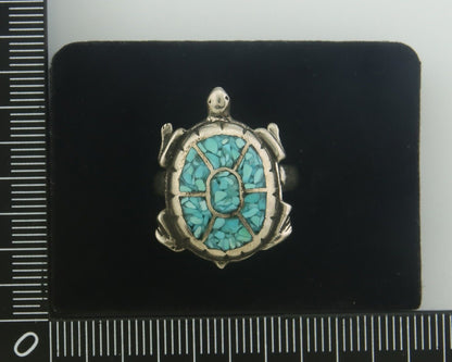 Navajo Ring 925 Silver Inlaid Turtle Turquoise C.80's Size 8.0