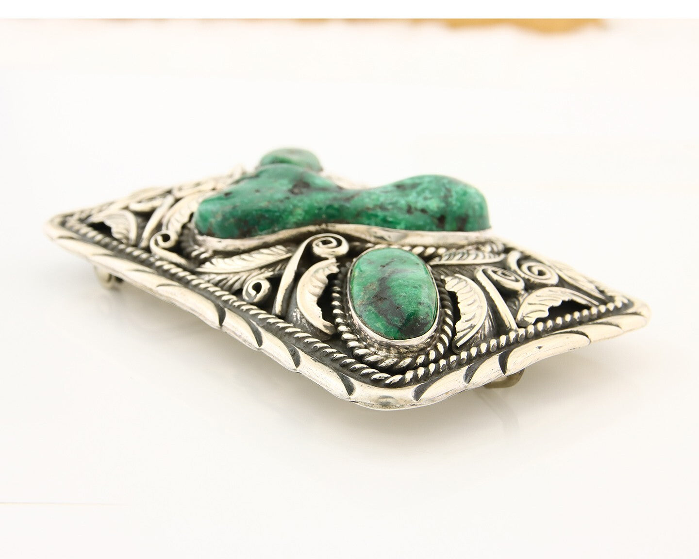 Navajo Belt Buckle 925 Silver Natural Green Slab Turquoise Signed C Montoya C80s