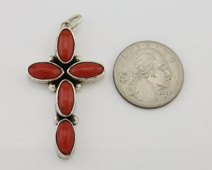 Navajo Cross Pendant 925 Silver Mediterranean Coral Signed J Tso C.80s