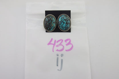 Navajo Earrings 925 Silver Blue Diamond Turquoise Signed Running Bear C.80's
