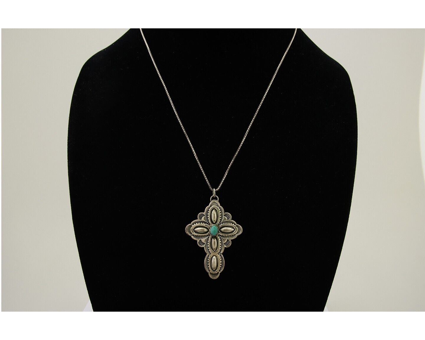 Navajo Cross Hand Stamped Necklace 925 Silver Turquoise Artist JRS C.80's