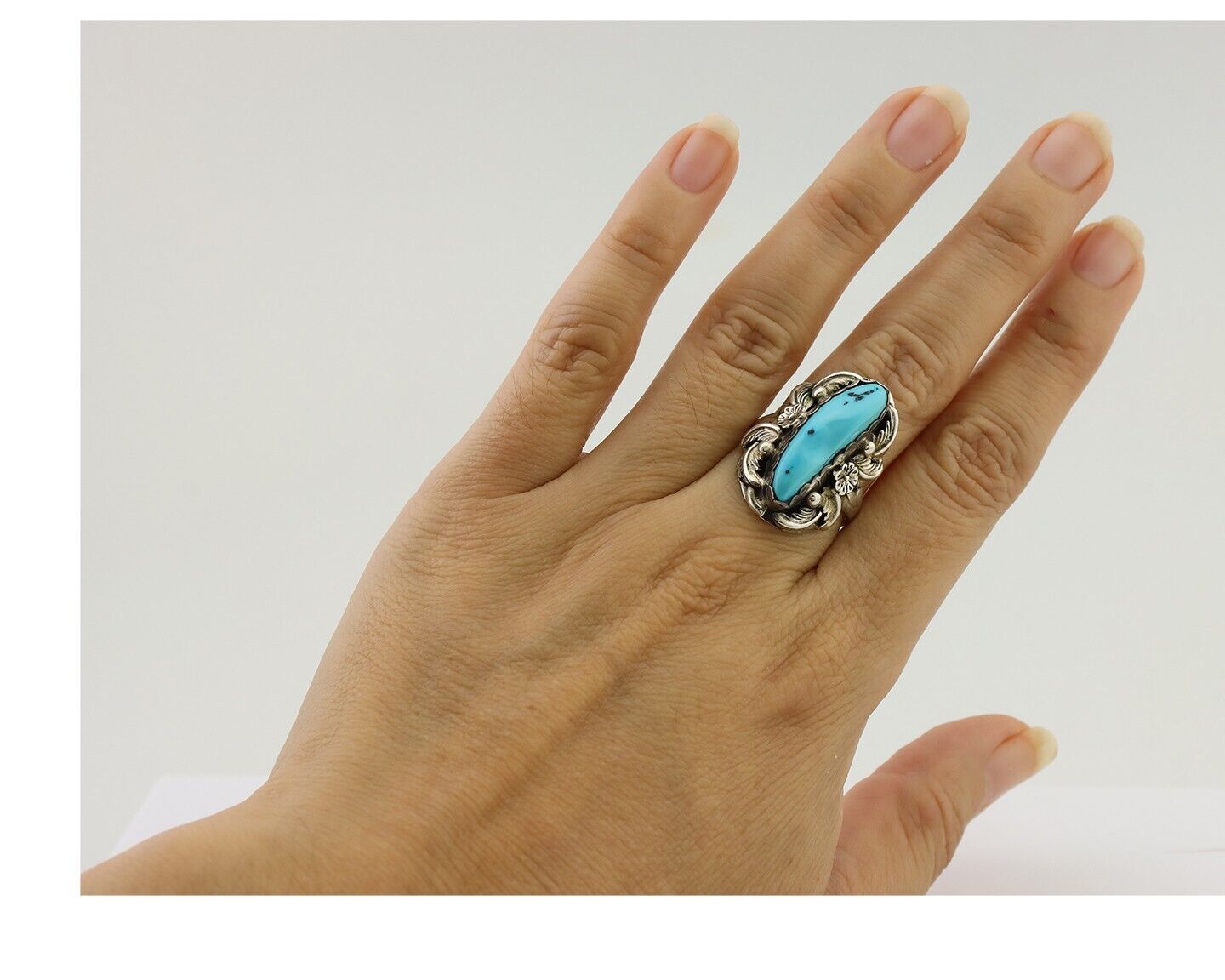 Navajo Ring 925 Silver Sleeping Beauty Turquoise Signed JJM C.80's