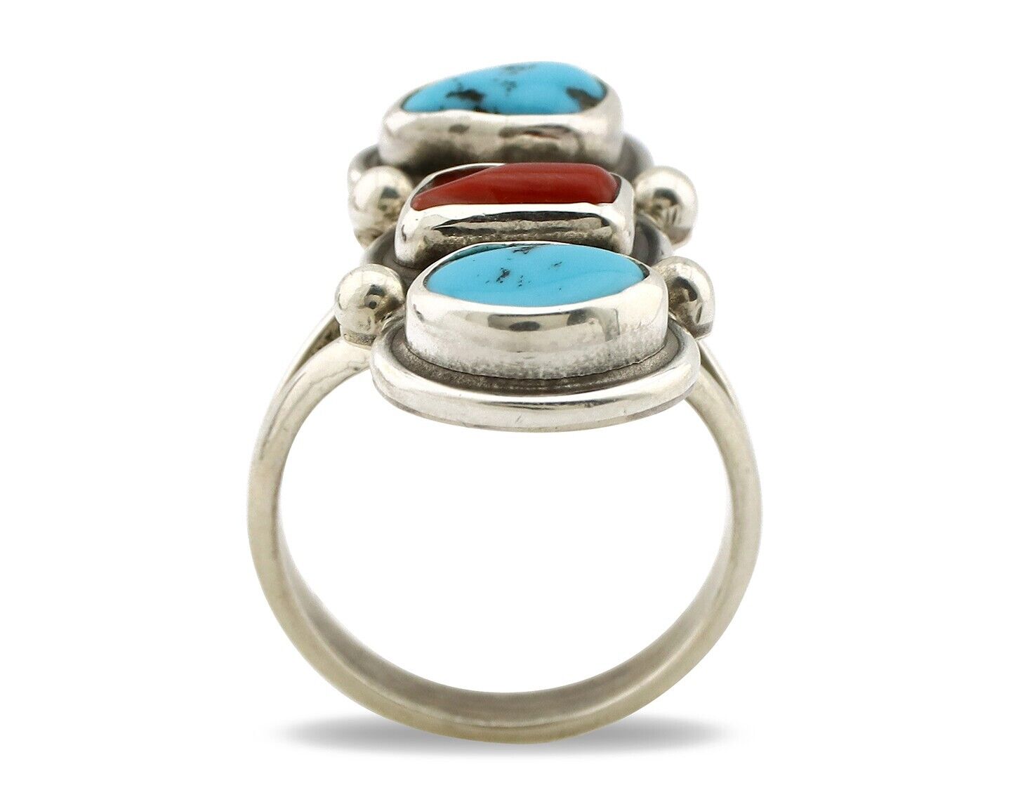 Navajo Ring 925 Silver Sleeping B Turquoise & Coral Native American Artist C.80s