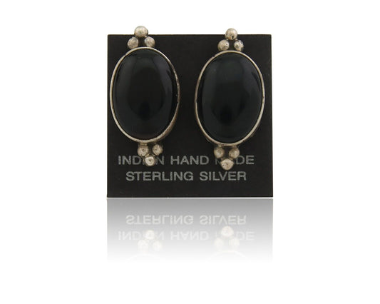 Navajo Earrings 925 Silver Handmade Natural Black Onyx Signed NAKAI C.80's