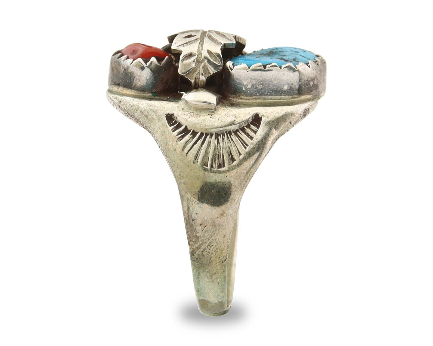 Navajo Ring 925 Sterling Turquoise & Coral Native Artist C.80's Size 6.75