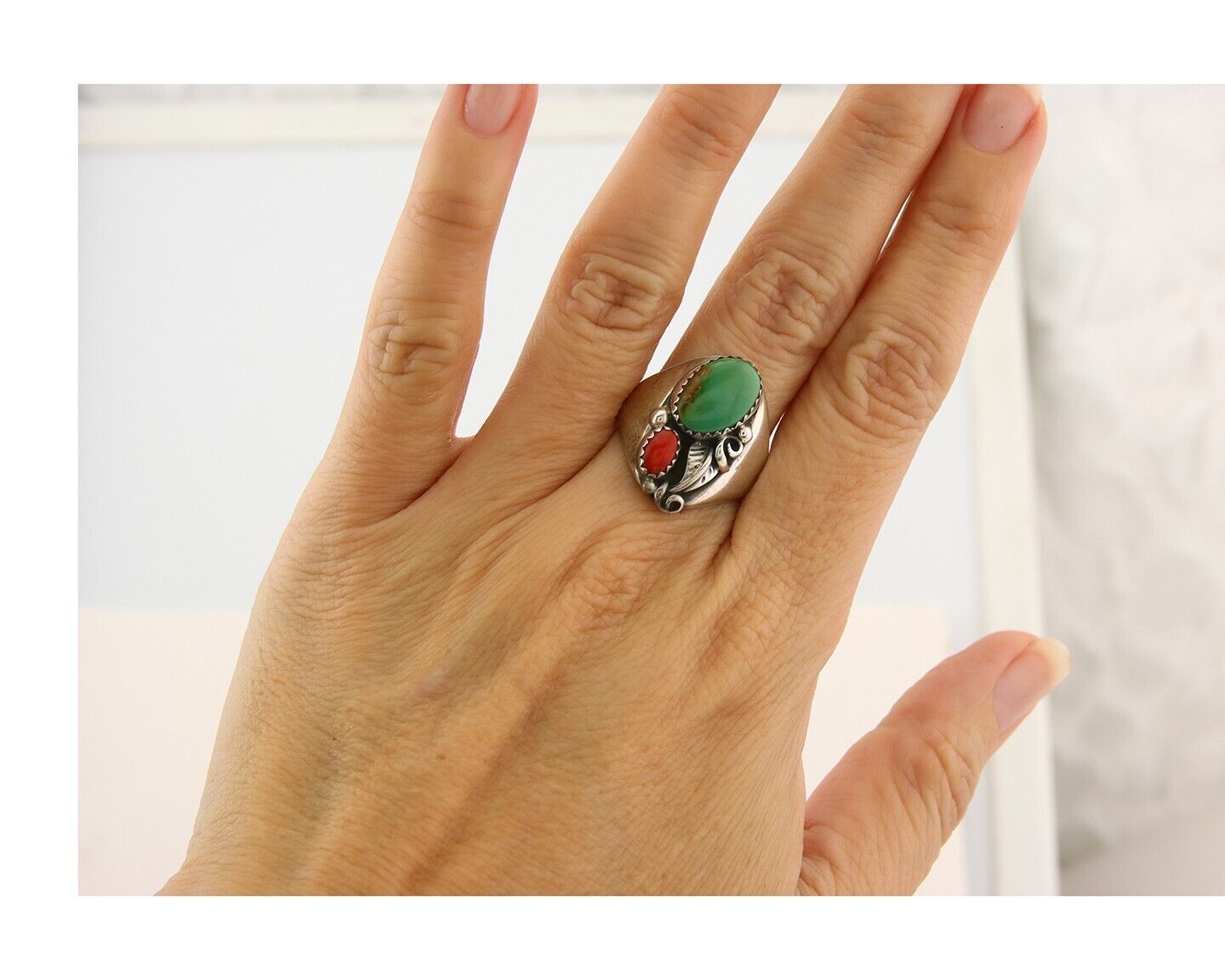 Navajo Ring 925 Sterling Turquoise & Coral Native Artist C.80's Size 8.5