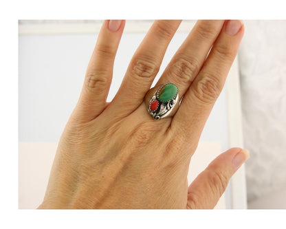 Navajo Ring 925 Sterling Turquoise & Coral Native Artist C.80's Size 8.5