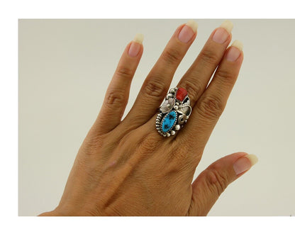Navajo Handmade Ring 925 Silver Coral & Turquoise Signed Circle Max C.80's