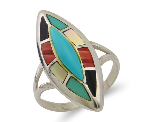 Navajo Ring 925 Silver Turquoise Shell Onyx Spiney Oyster Native Artist C80's