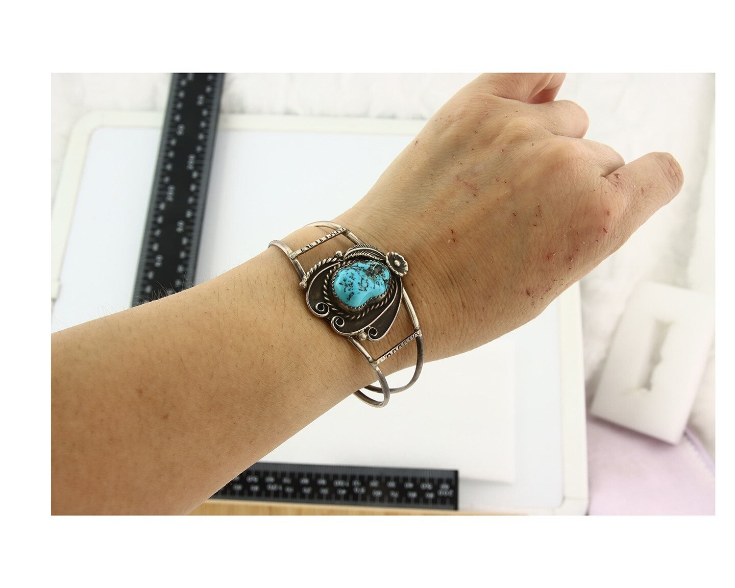 Vintage Navajo Bracelet 925 Silver Blue Turquoise Handmade Signed Herman Lee