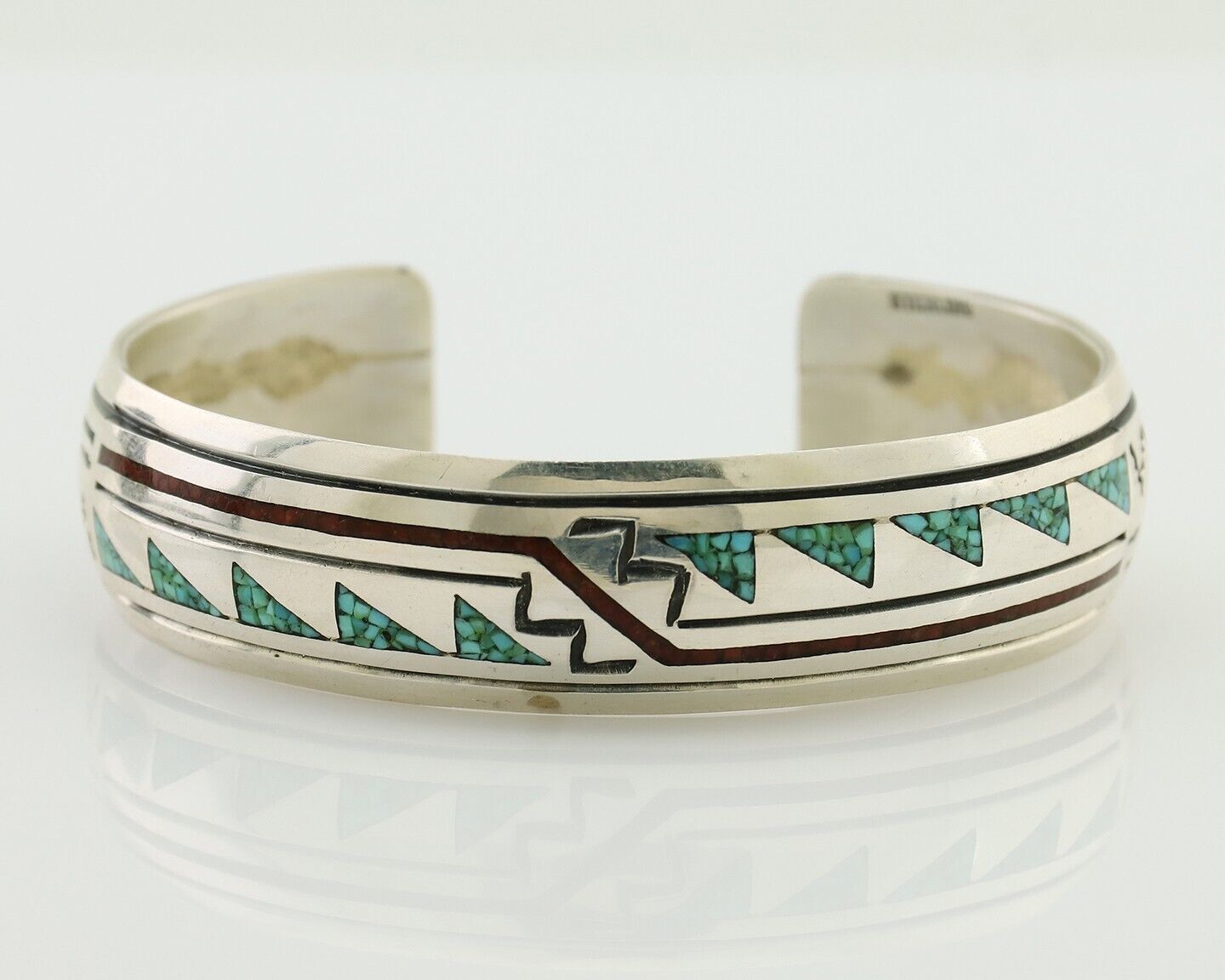 Navajo Inlay Bracelet 925 Silver Turquoise & Coral Signed Stanely Bain C.80's