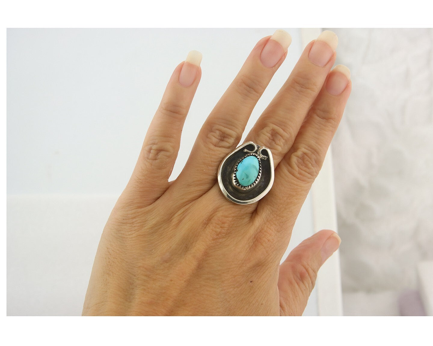 Vintage Ring 925 Sterling Authentic Turquoise Artist Signed O Size 7.0
