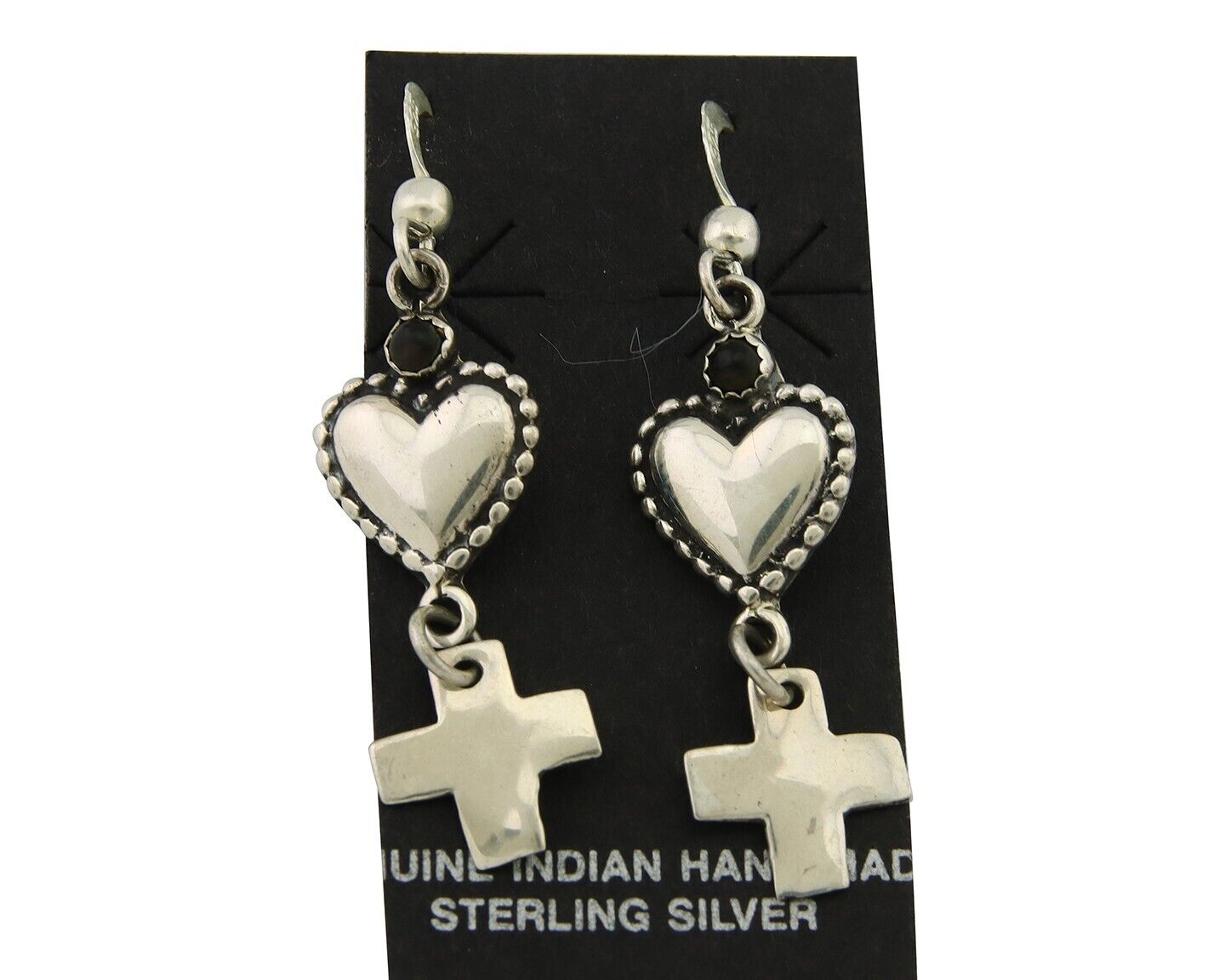 Navajo Earrings 925 Silver Heart Cross Natural Onyx Native American Artist C.80s