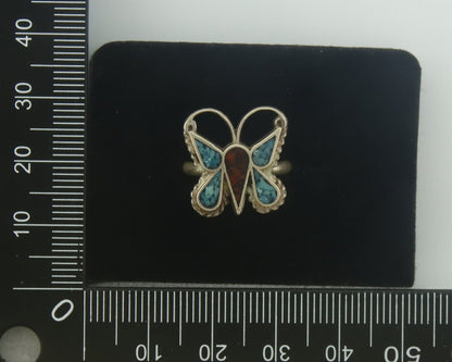 Navajo Ring 925 Silver Inlaid Butterfly Turquoise & Coral C.80's Size 5.0
