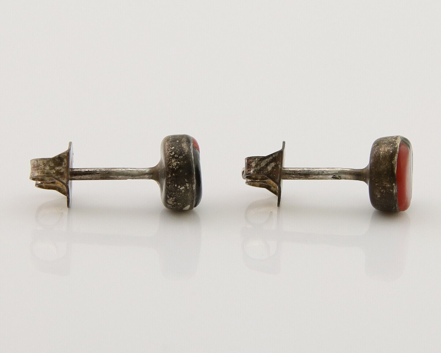 Navajo Earrings 925 Silver Inlaid Natural Onyx & Coral Native Artist C.80's