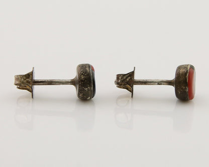 Navajo Earrings 925 Silver Inlaid Natural Onyx & Coral Native Artist C.80's