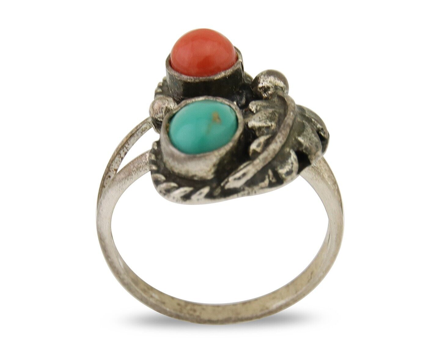 Navajo Handmade Ring 925 Silver Coral & Turquoise Native Artist C.80's