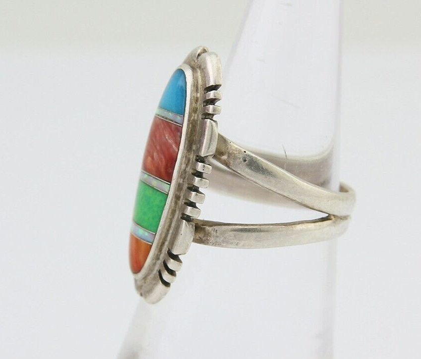 Navajo Ring 925 Silver Natural Gemstone Artist Signed Feather C.80's Size 5.75