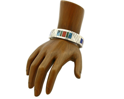 Early Artist David Freeland Inlaid Natural Gemstone .925 SOLID Silver Cuff