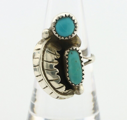 Navajo 2 Stone Ring 925 Silver Kingman Turquoise Native American Artist C.80's