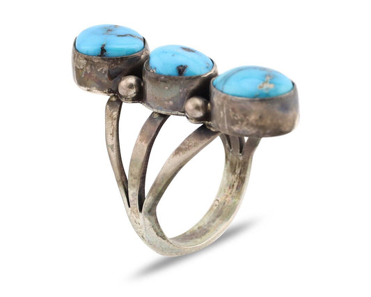 Navajo 3 Stone Ring 925 Silver Blue Turquoise Native American Artist C.80's