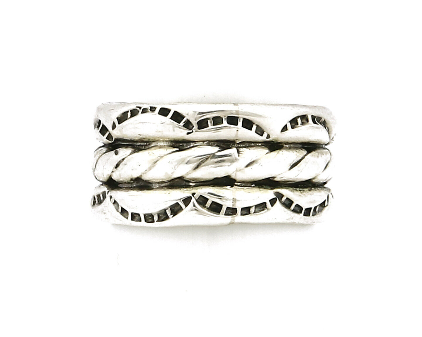 Navajo Ring .925 Silver Handmade Hand Stamped 3 Row Rope Band C.1980's Size 5.0