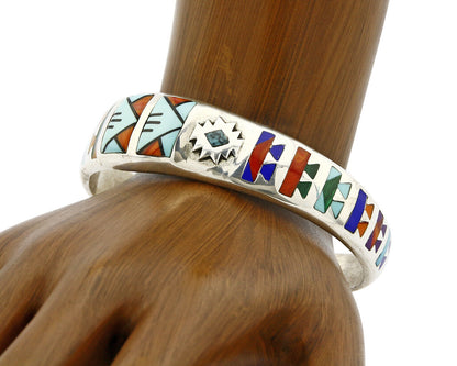 Navajo Cuff Bracelet.925 Silver Signed STC Inlay Natural Gemstones C. 1980's