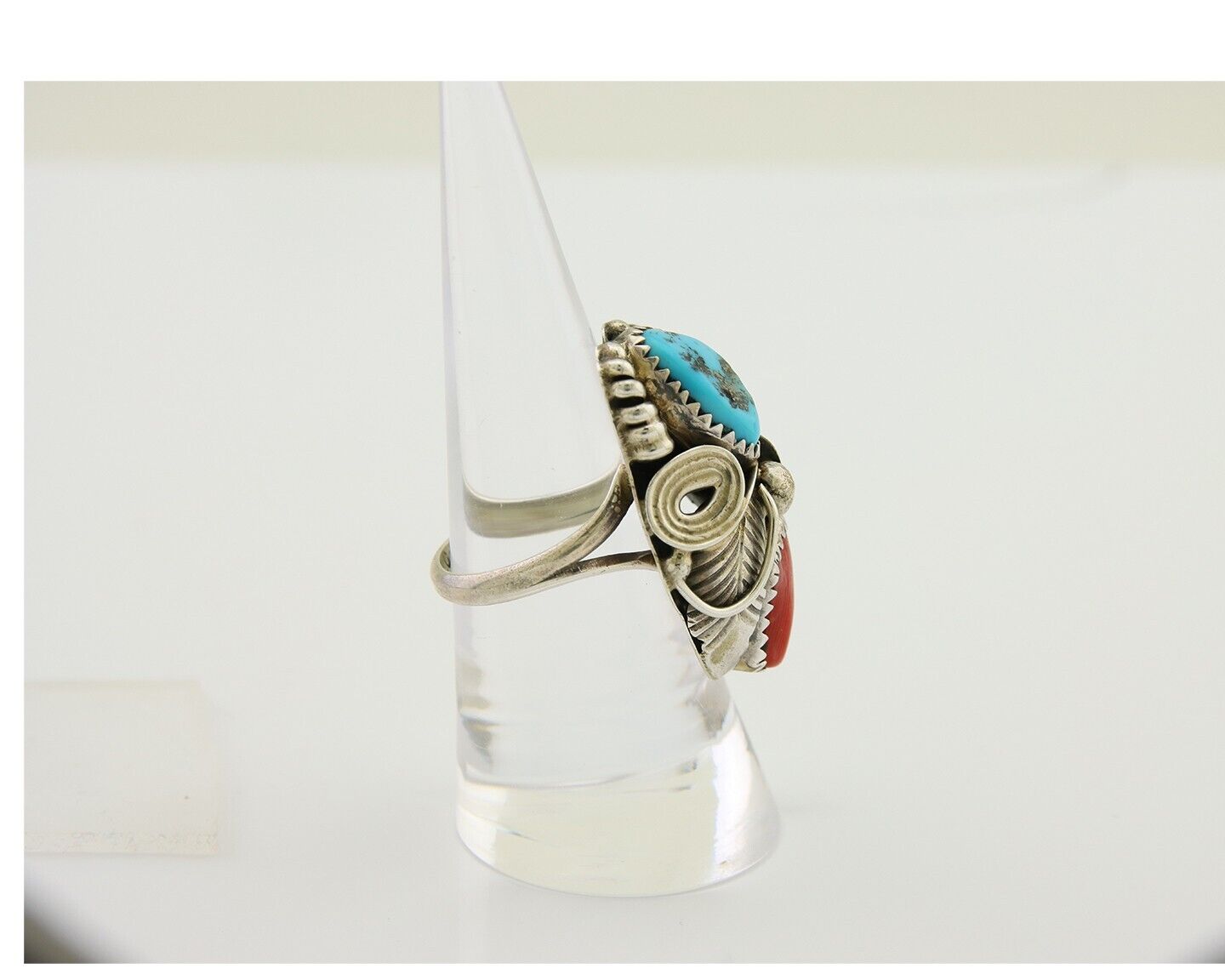 Navajo Handmade Ring 925 Silver Coral & Turquoise Signed Circle Max C.80's