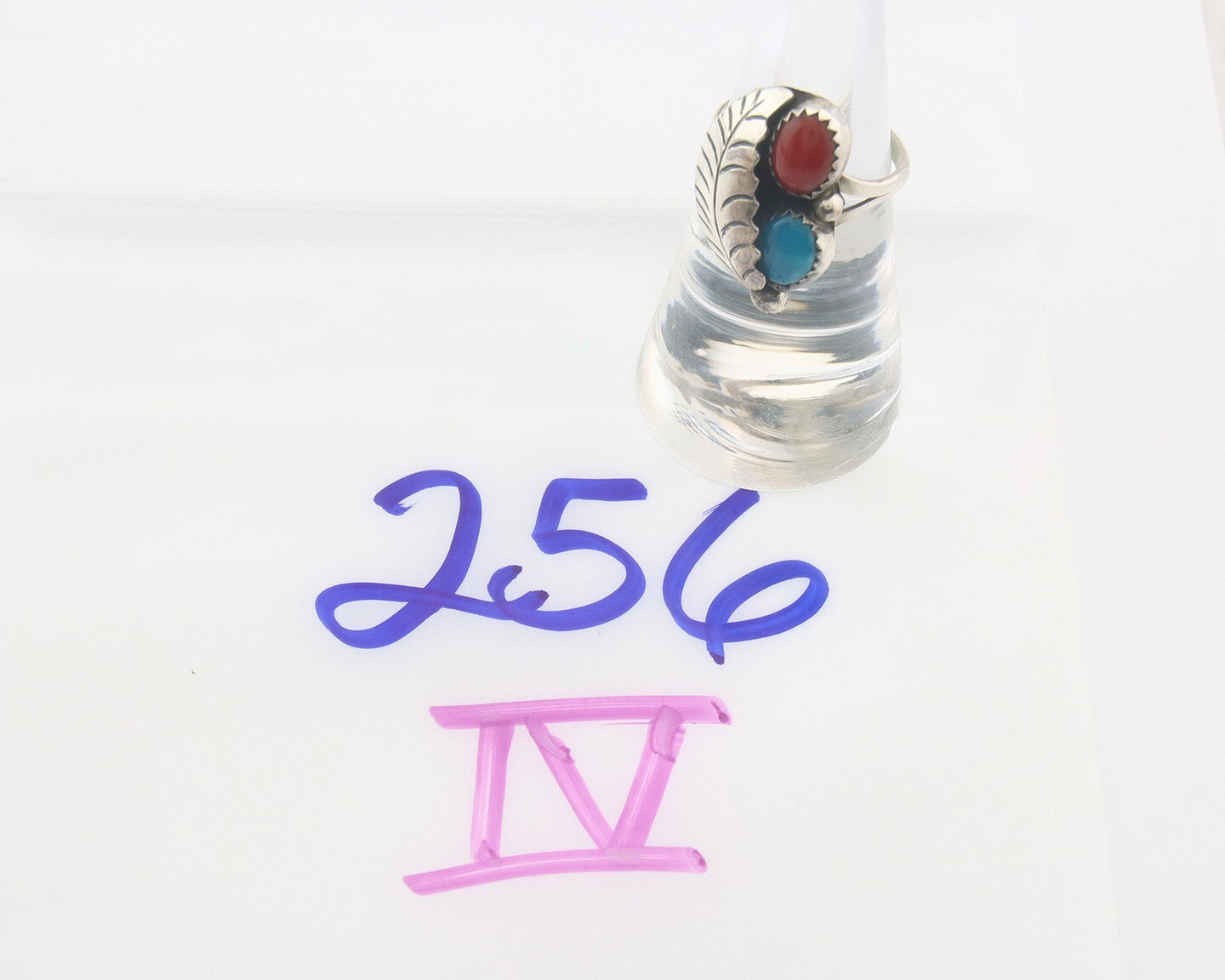 Navajo Ring 925 Sterling Natural Coral & Turquoise Signed BB C.80's Size 6.0