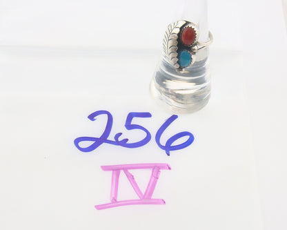 Navajo Ring 925 Sterling Natural Coral & Turquoise Signed BB C.80's Size 6.0