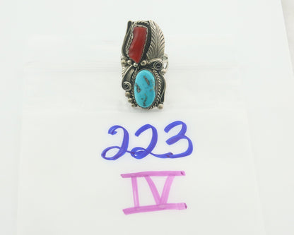Navajo Ring 925 Sterling Natural Coral & Turquoise Signed JM C.80's Size 10.75