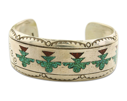 Navajo Bracelet 925 Silver Inlaid Coral & Turquoise Cuff Artist Signed LB C.80's
