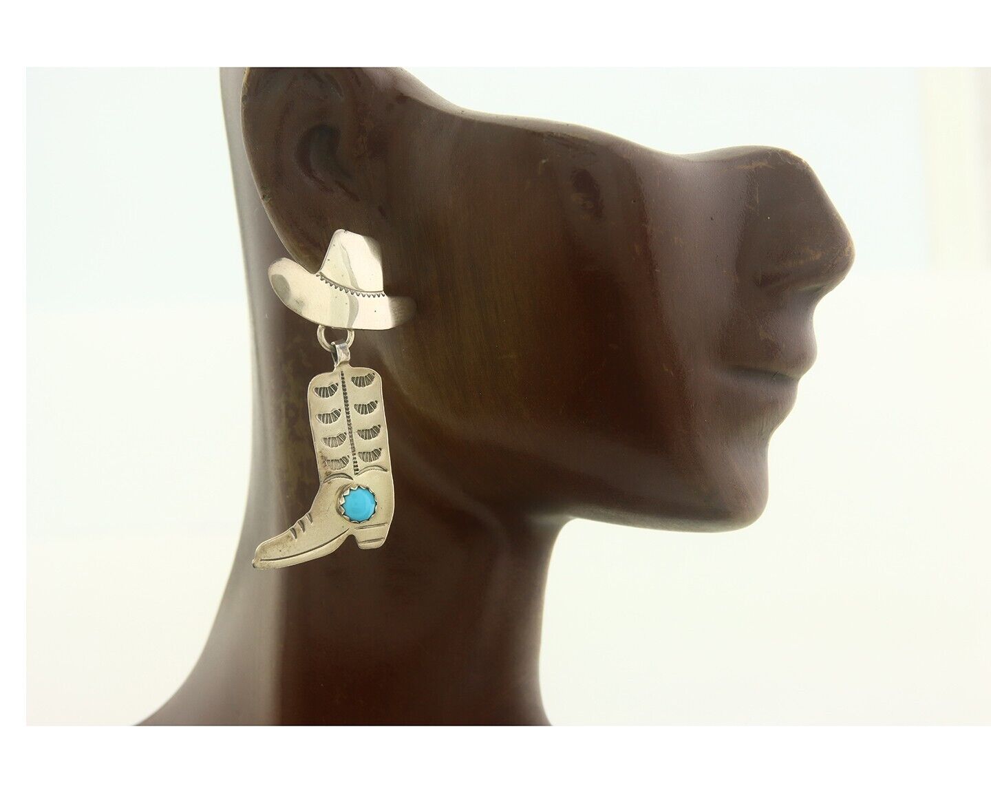 Navajo Earrings 925 Silver Hat & Boot Turquoise Native Artist Signed GJ C.80's