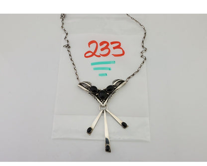 Navajo Necklace 925 Silver Black Onyx Signed Nila Johnson C.80's