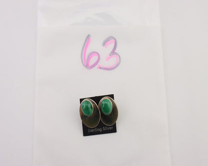 Navajo Shield Earrings 925 Silver Natural Malachite Signed Ella Peters C.80's